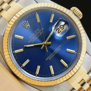 Rolex Mens Two Tone Blue Dial 18k Yellow Gold Watch